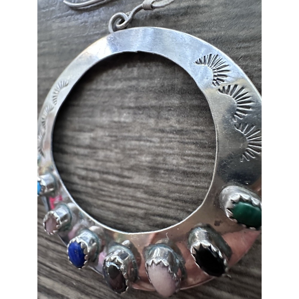 Navajo Sterling Silver Multi Stone Large Hoop Earrings Signed AJ - Picture 13 of 16